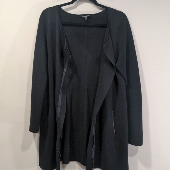Eileen Fisher Petite Silk Knit Long Sweater Jacket Size PM Black Leather Trim - Picture 7 of 14